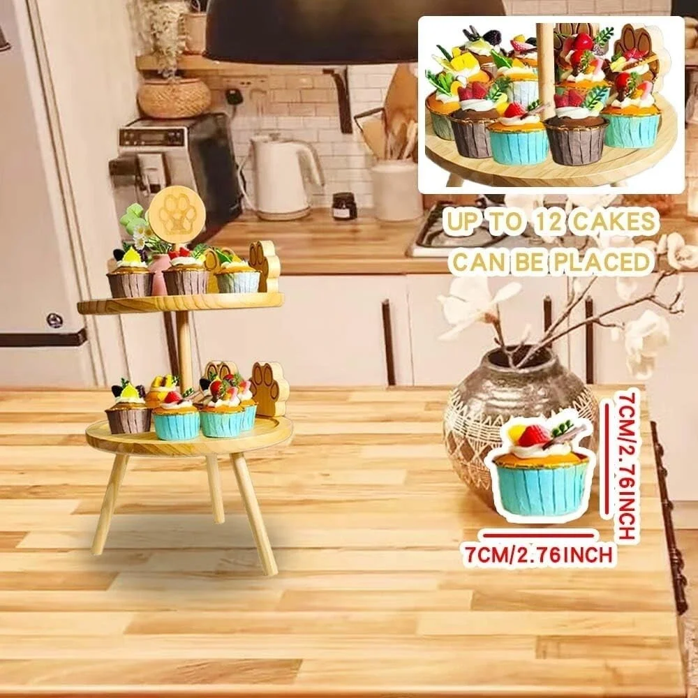 2 Tier Cupcake Tower, Diameter 11.42 Inch Tiered Tray Stand, Wooden Afternoon Te